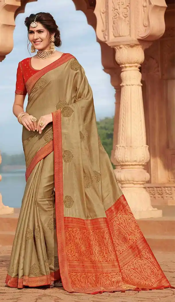 Melodic Beige Color Tussar Silk Traditional Party Wear Saree Blouse -8640103890