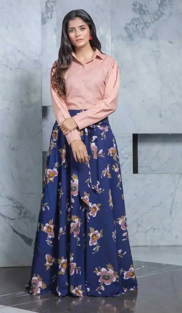 Navy Blue Color Crepe Fancy Party Wear Ready Made Indo Western Crop Top -8653104018