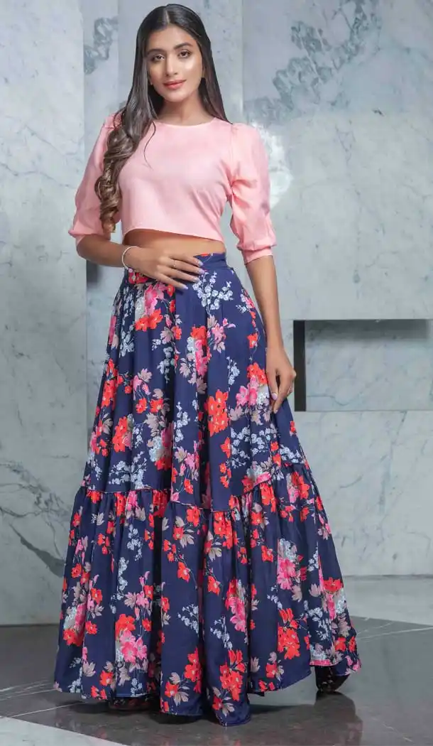 Charming Navy Blue Color Crepe Fancy Party Wear Ready Made Indo Western Crop Top -8653104019