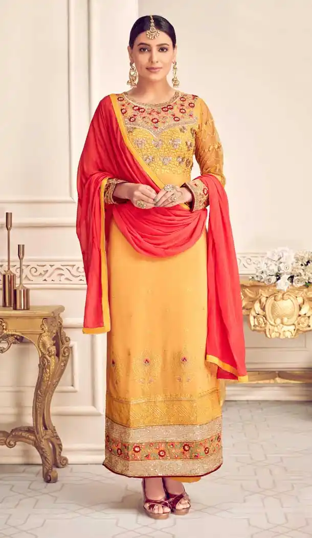 Unique Musterd Color Viscos Georgette Party Wear Palazzo Salwar Suit -8665104094