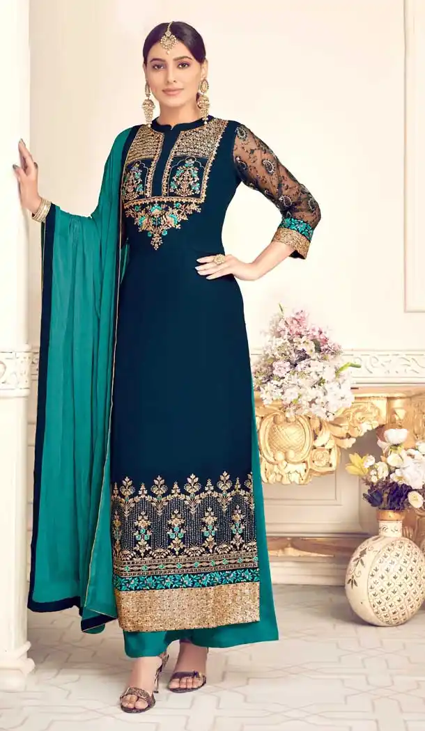 Peacock Blue Color Viscos Georgette Party Wear Palazzo Salwar Suit -8665104095