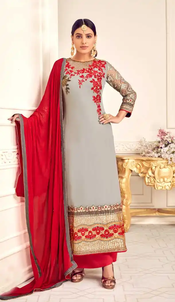 Ravishing Steel Grey Color Viscos Georgette Party Wear Palazzo Salwar Suit -8665104096