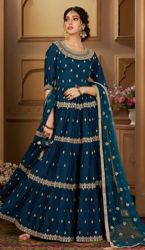 Cationic Blue Color Georgette Heavy Designer Ready Made Aanarkali Suit -8689104251