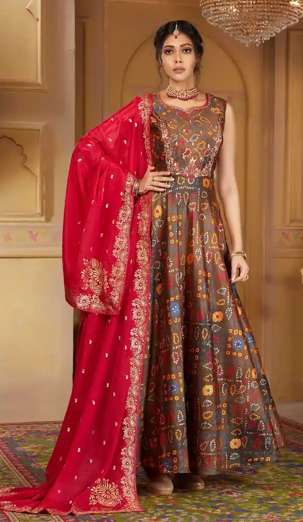 Mesmerizing Brown Color Silk Heavy Designer Ready Made Aanarkali Suit -8689104253