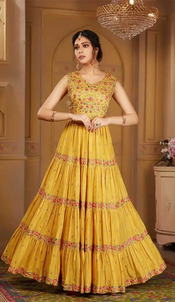 Mustard Yellow Color Chinon Heavy Designer Ready Made Aanarkali Suit -8689104254