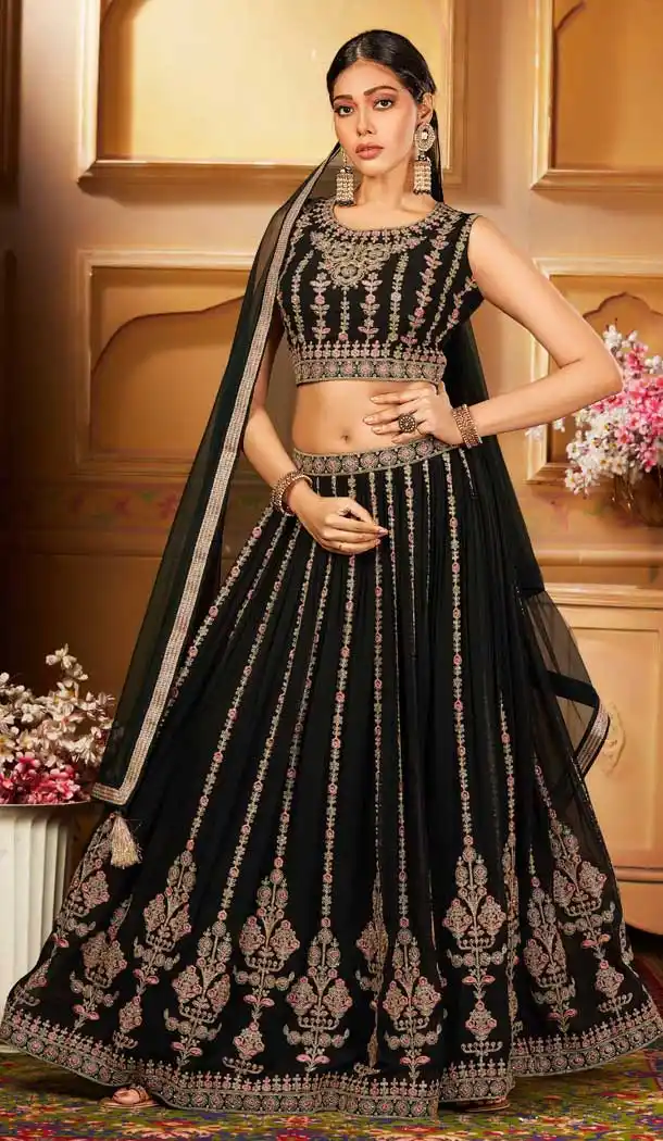 Bottle Green Color Georgette Heavy Designer Ready Made Lehenga Choli -8689104255