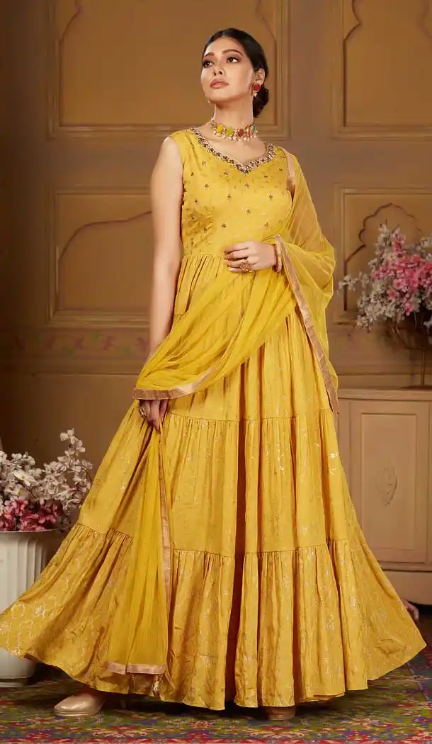 Magnificient Mustard Yellow Color Chinon Heavy Designer Ready Made Aanarkali Suit -8689104256