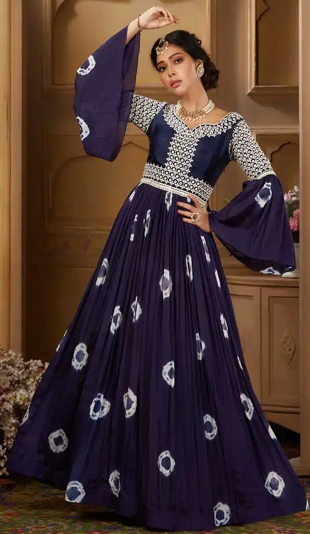 Navy Blue Color Raw Silk Heavy Designer Ready Made Aanarkali Suit -8689104258