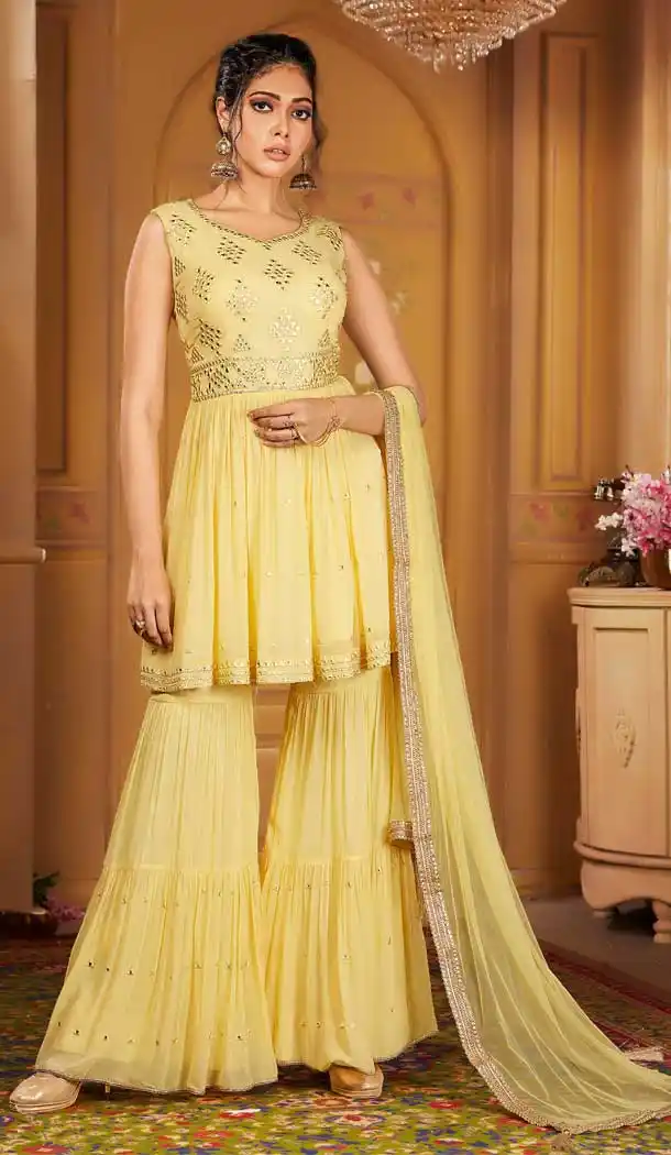 Lemon Color Georgette Heavy Designer Ready Made Aanarkali Suit -8689104261