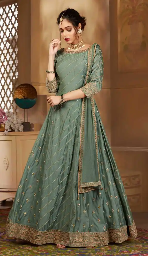 Marvelous Green Color Silk Heavy Designer Ready Made Aanarkali Suit -8689104262
