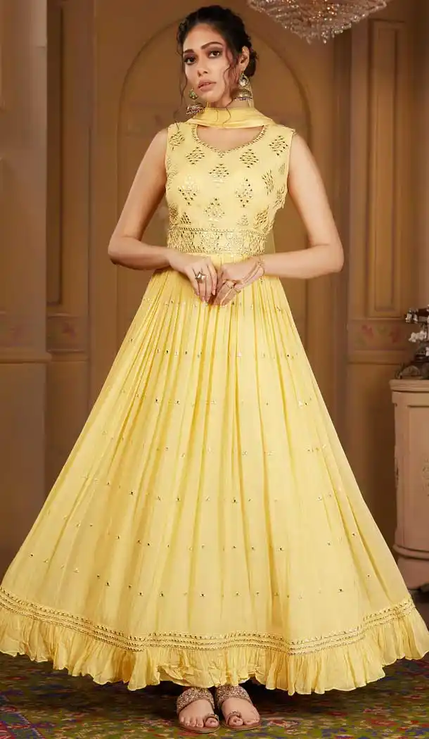 Lemon Yellow Color Georgette Designer Ready Made Aanarkali Salwar Suit -8690104263