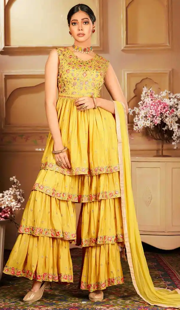 Mustard Yellow Color Chinon Designer Ready Made Sharara Salwar Suit -8690104264