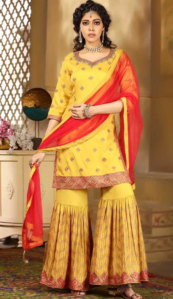 Tranquil Mustard Color Chinon Designer Ready Made Sharara Salwar Suit -8690104265