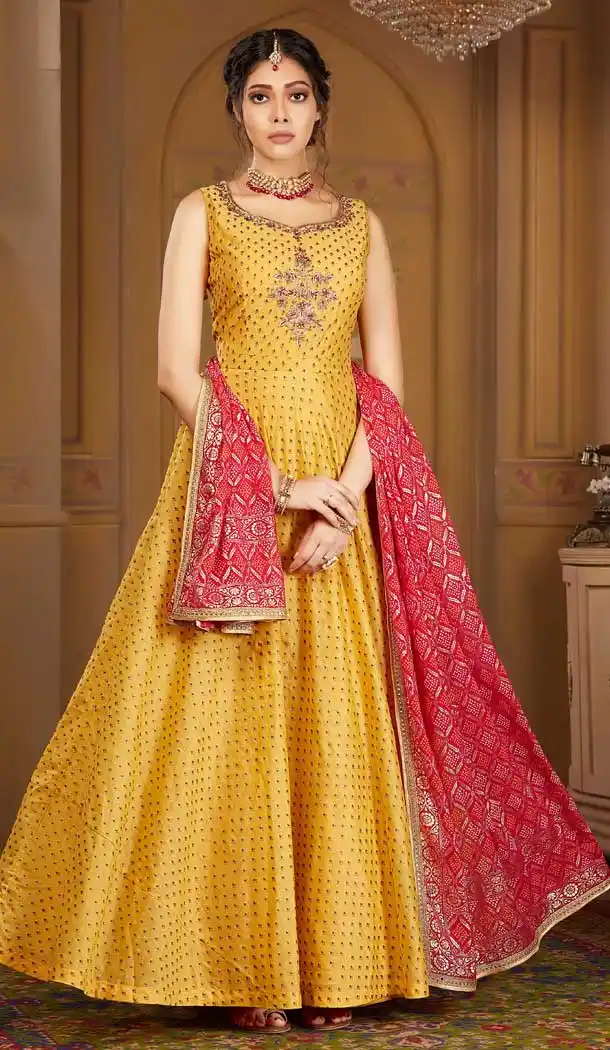 Yellow Color Banarasi Silk Designer Ready Made Aanarkali Salwar Suit -8690104269