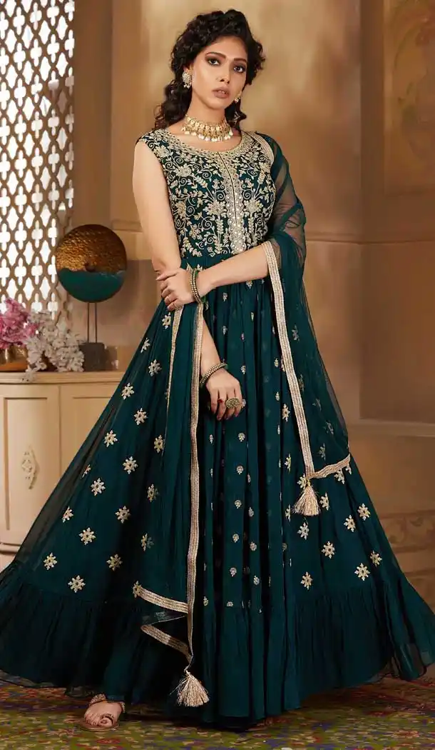 Bark Green Color Georgette Designer Ready Made Aanarkali Salwar Suit -8690104270