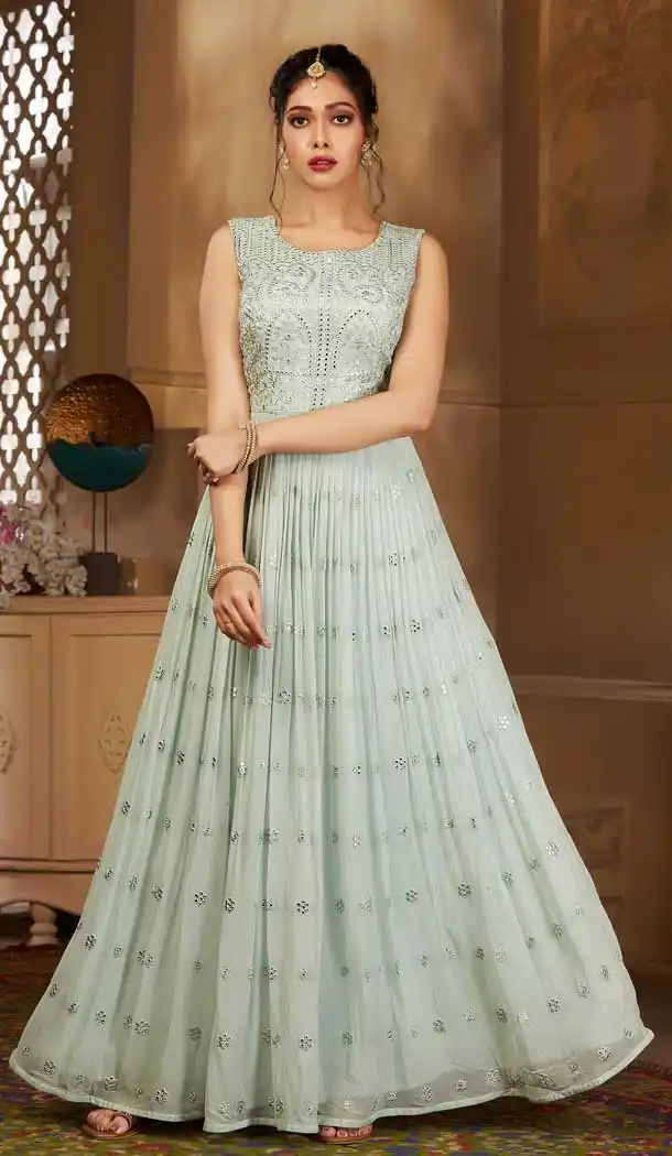 Divine Lite Blue Color Georgette Designer Ready Made Aanarkali Salwar Suit -8690104273
