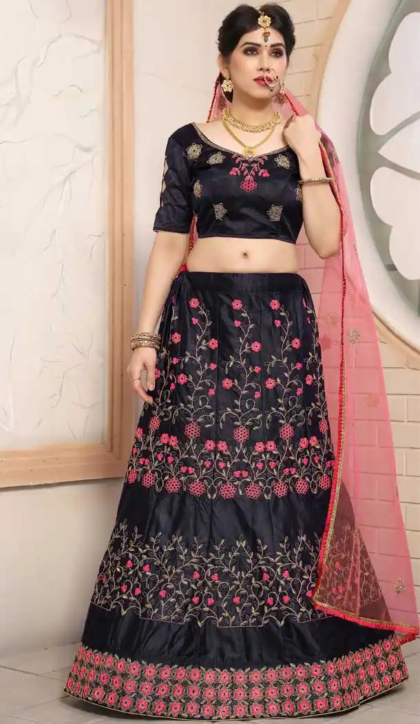 Navy Blue Color Pure Satin Traditional Party Wear Ladies Lehenga Choli -8717104520