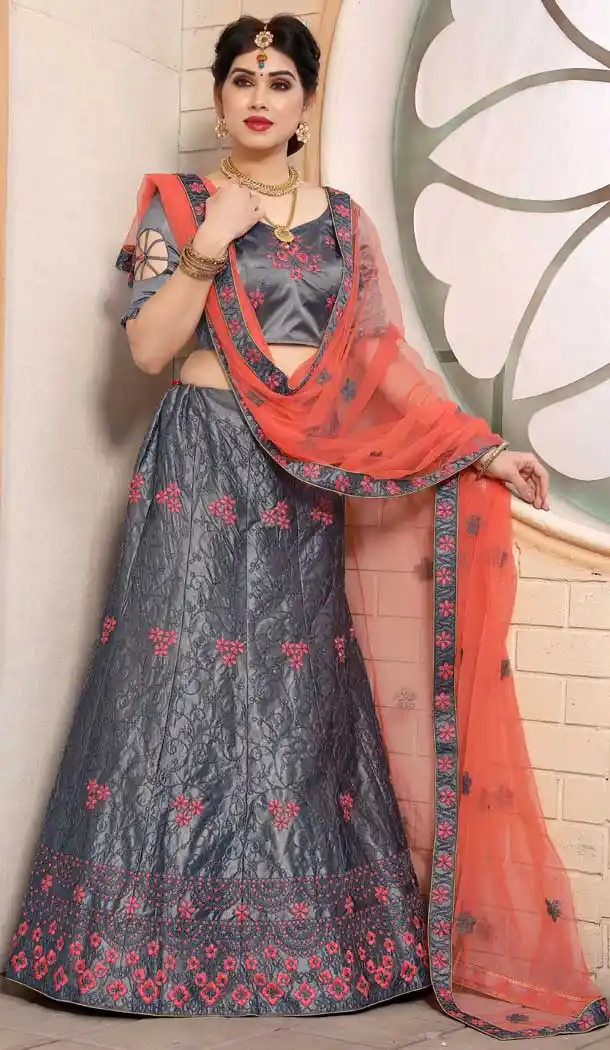 Grey Color Pure Satin Traditional Party Wear Ladies Lehenga Choli -8717104521
