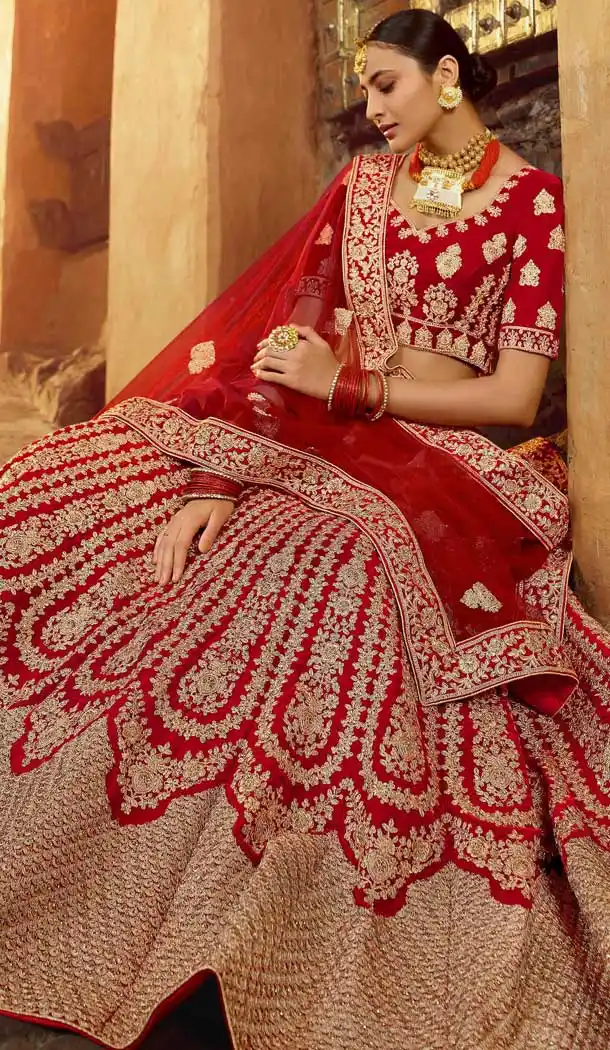 Classy Red Color Pure Velvet Traditional Bridal Wedding Wear Lehenga Choli -8737104659