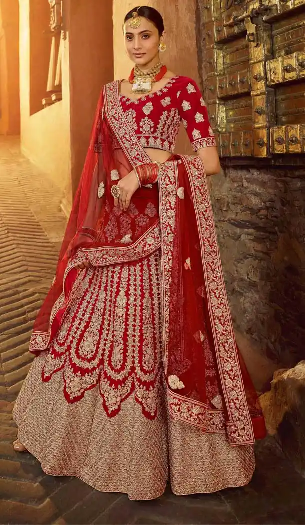 Classy Red Color Pure Velvet Traditional Bridal Wedding Wear Lehenga Choli -8737104659