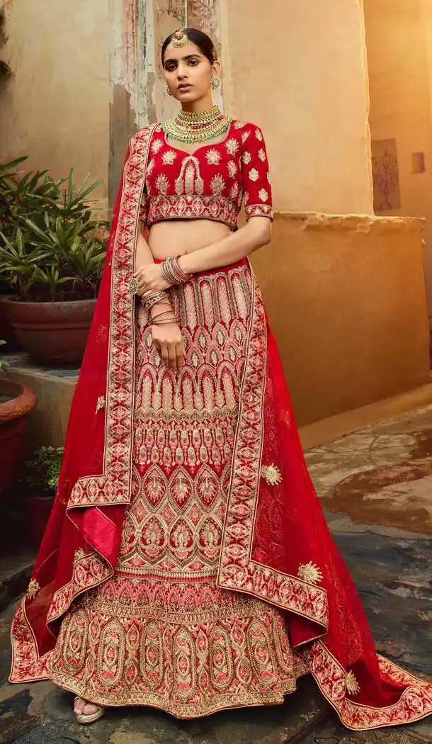 Chic Red Color Pure Velvet Traditional Bridal Wedding Wear Lehenga Choli -8737104660
