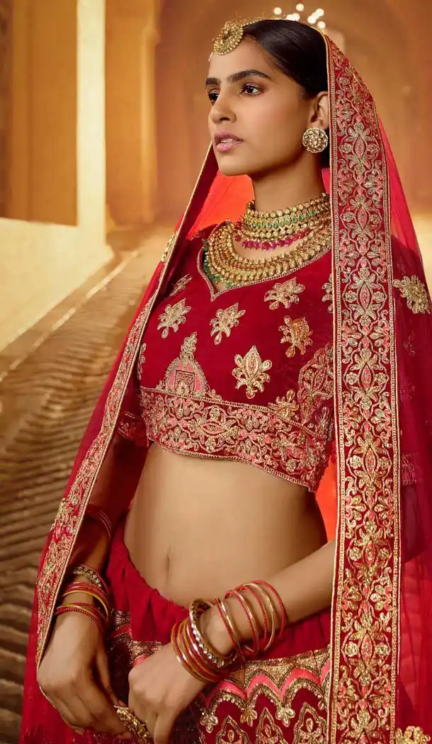 Lovely Red Color Pure Velvet Traditional Bridal Wedding Wear Lehenga Choli -8737104662