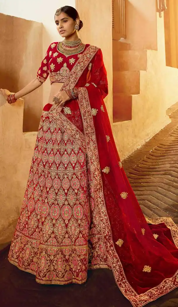 Lovely Red Color Pure Velvet Traditional Bridal Wedding Wear Lehenga Choli -8737104662