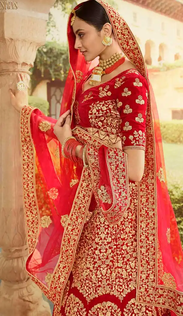 Majesty Red Color Pure Velvet Traditional Bridal Wedding Wear Lehenga Choli -8737104663
