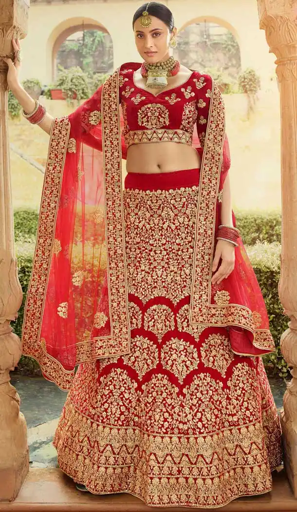 Majesty Red Color Pure Velvet Traditional Bridal Wedding Wear Lehenga Choli -8737104663