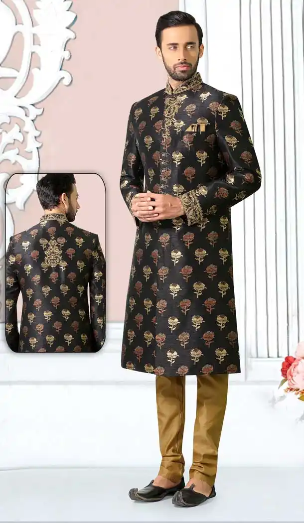 Black Color Heavy Brocade Readymade Indo-Western Men Sherwani -8645103934