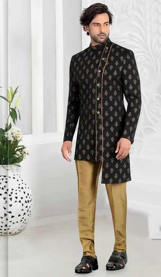 Enigmatic Black Color Terry Rayon-Print Readymade Indo-Western Men Sherwani -8645103935