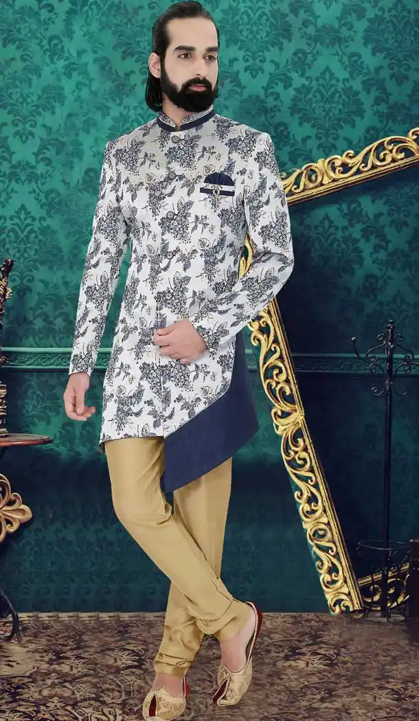 Off White Blue Color Jacquard Readymade Indo-Western Men Sherwani -8645103937