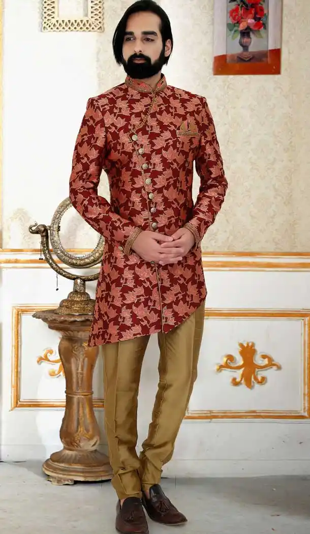 Scintillating Maroon Color Brocade Readymade Indo-Western Men Sherwani -8645103938