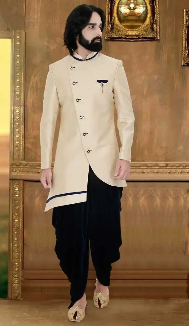 Alluring Light ivory Color Silk Readymade Indo-Western Men Sherwani -8645103939