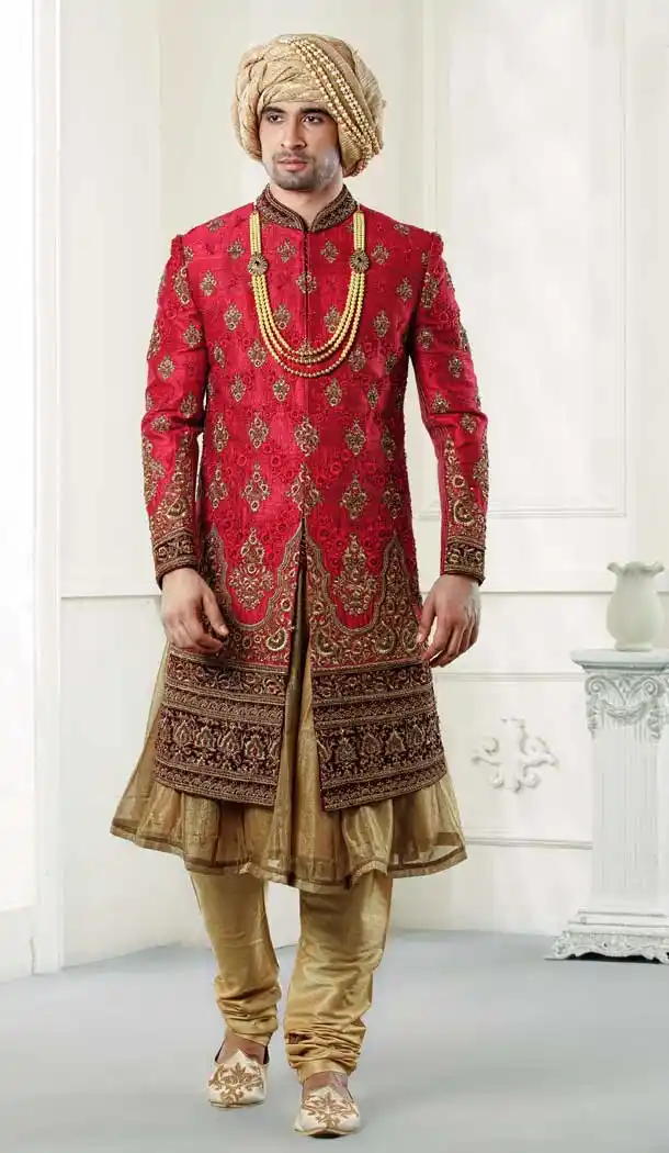 Premium Red Color Jacquard Heavy Wedding Wear Men Sherwani -8692104281