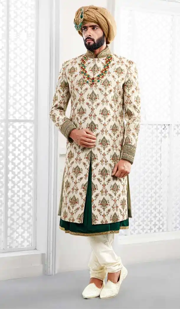 Off White Color Pure Silk Heavy Wedding Wear Men Premium Sherwani -8692104286