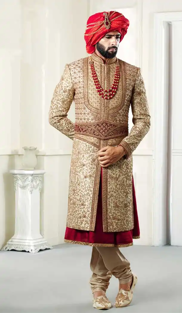 Adorable Chikkoo Color Pure Silk Heavy Wedding Wear Men Premium Sherwani -8692104291