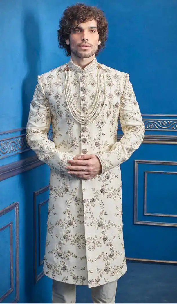 Gorgeous Off White Color Pure Silk Heavy Wedding Wear Men Premium Sherwani -8692104292