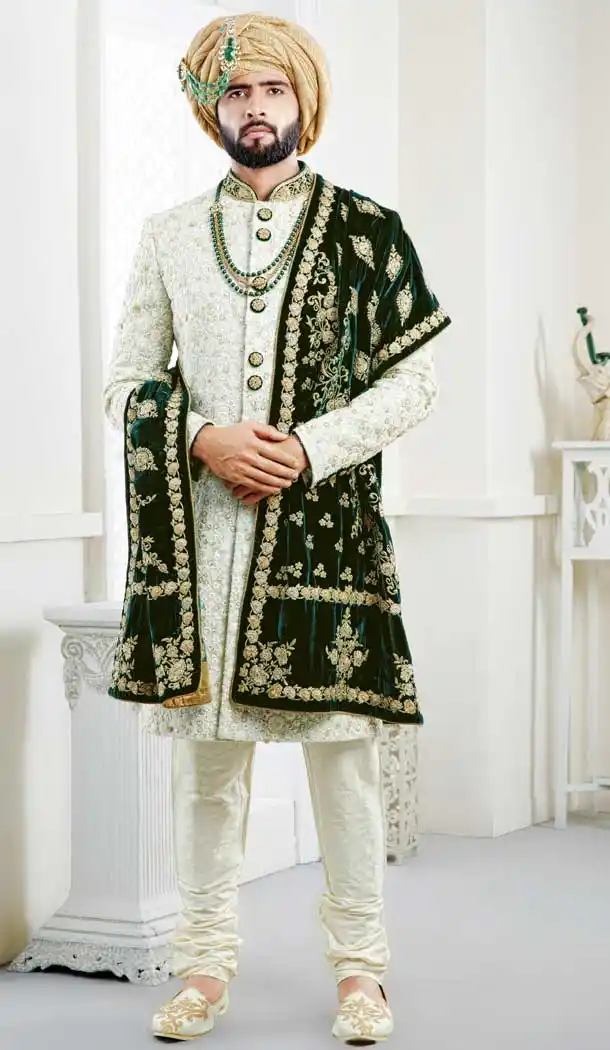 Gleaming Sky Blue Color Pure Silk Heavy Wedding Wear Men Premium Sherwani -8692104293