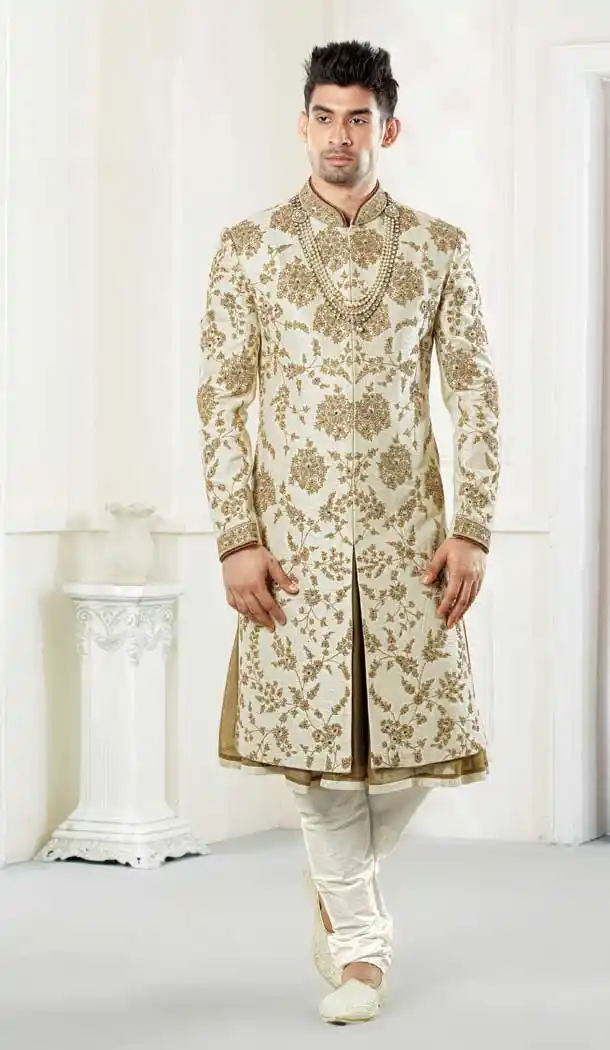 Enigmatic Cream Color Pure Silk Heavy Wedding Wear Men Premium Sherwani -8692104295