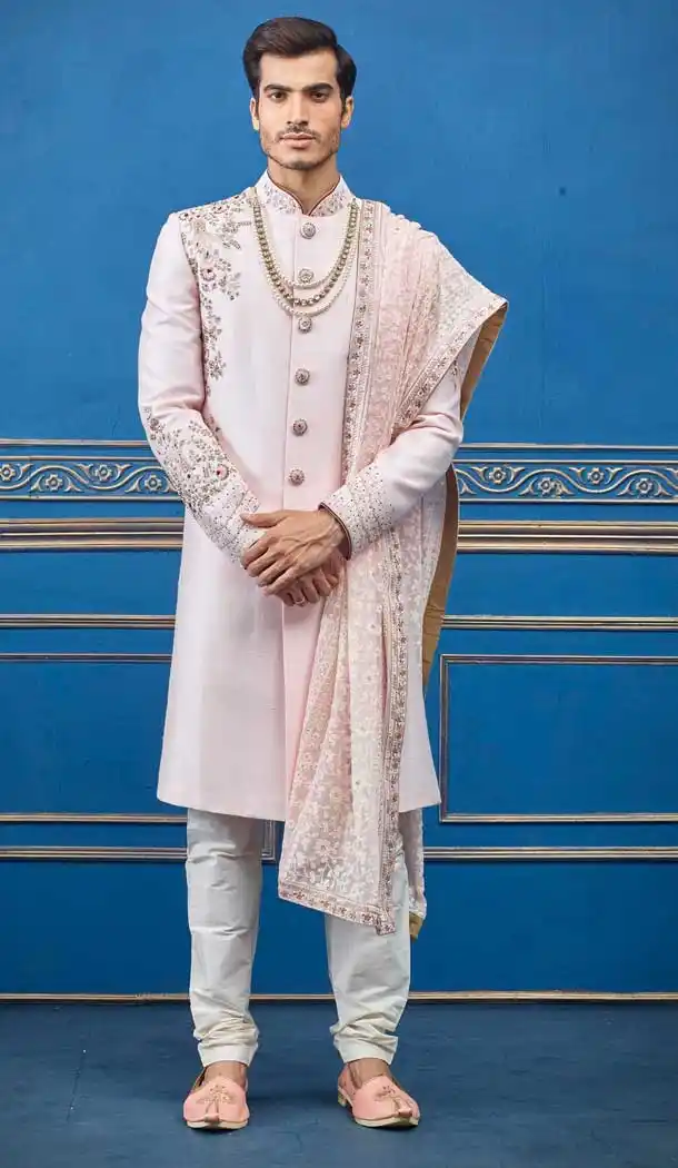 Light Pink Color Pure Silk Heavy Wedding Wear Men Premium Sherwani -8692104297