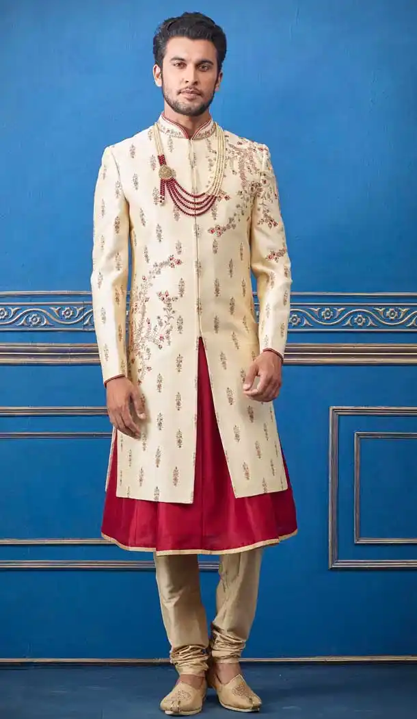 Contemporary Gold Color Pure Silk Heavy Wedding Wear Men Premium Sherwani -8692104298