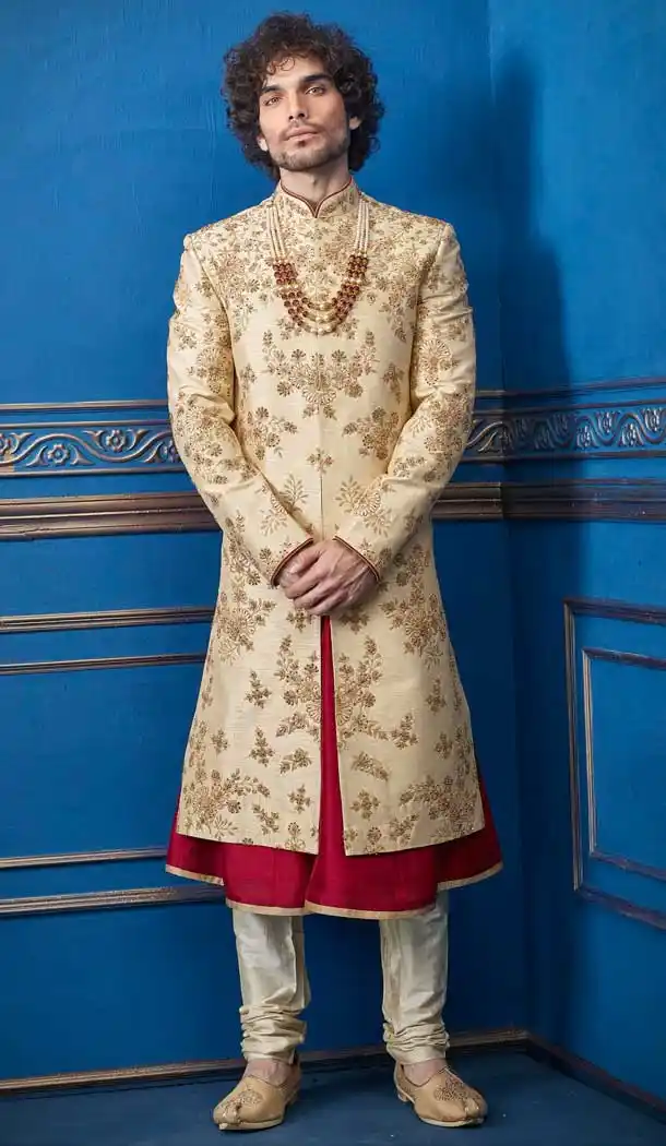 Divine Gold Color Pure Silk Heavy Wedding Wear Men Premium Sherwani -8692104300