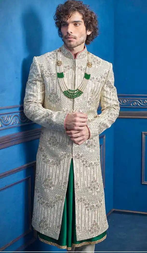 Charming Cream Color Pure Silk Heavy Wedding Wear Men Premium Sherwani -8692104301