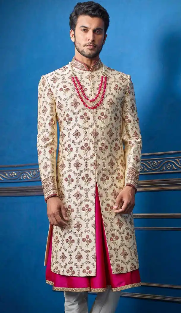 Aesthetic Gold Color Pure Silk Heavy Wedding Wear Men Premium Sherwani -8692104304