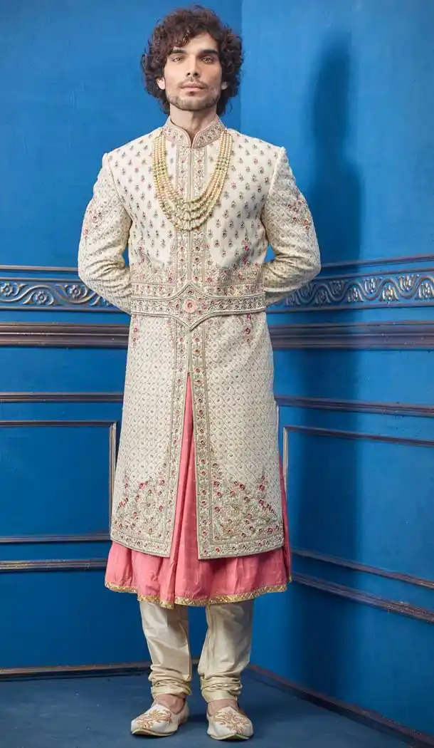 Alluring Gold Color Pure Silk Heavy Wedding Wear Men Premium Sherwani -8692104305