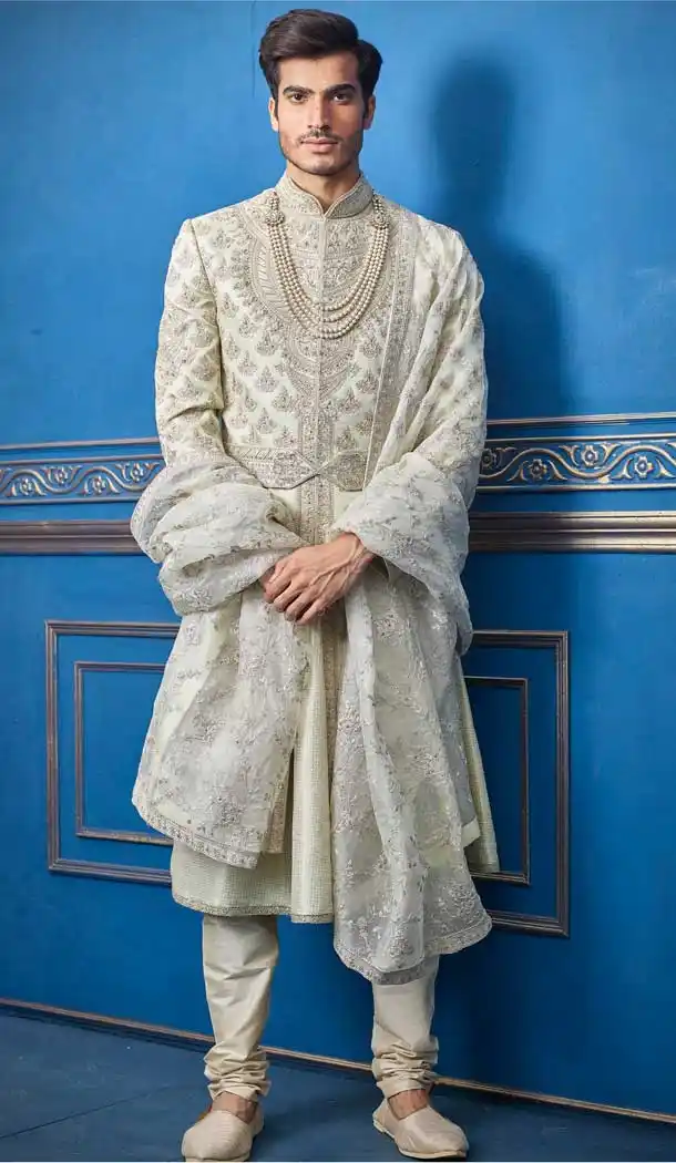 Light Pista Color Pure Silk Heavy Wedding Wear Men Premium Sherwani -8692104306