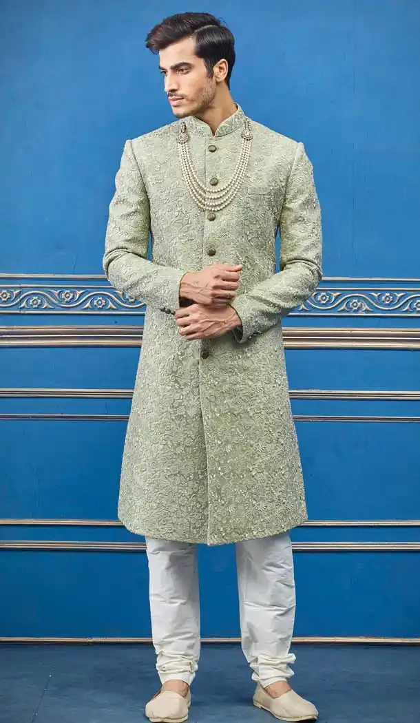 Pista Color Pure Silk Heavy Wedding Wear Men Premium Sherwani -8692104307