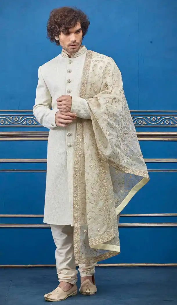 Glamorous Cream Color Pure Silk Heavy Wedding Wear Men Premium Sherwani -8692104308