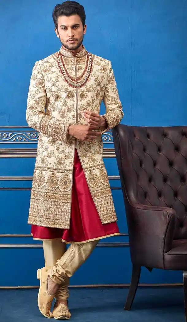 Glamorous Gold Color Pure Silk Heavy Wedding Wear Men Premium Sherwani -8692104309